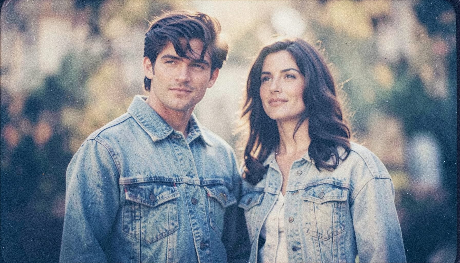 Vintage-inspired fashion advertisement with a man and woman in denim, soft-focus background, warm tones, grainy film aesthetic